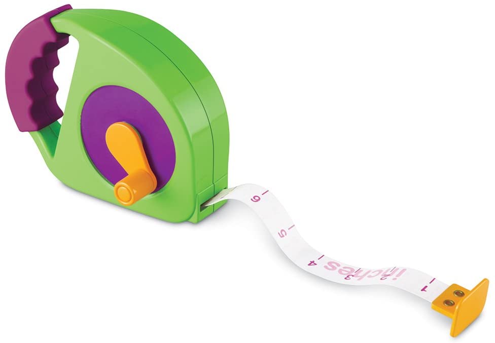 Tape Measure with manual wind, measures up to 4 feet with inches, feet, centimeters, and meter markings for kids.
