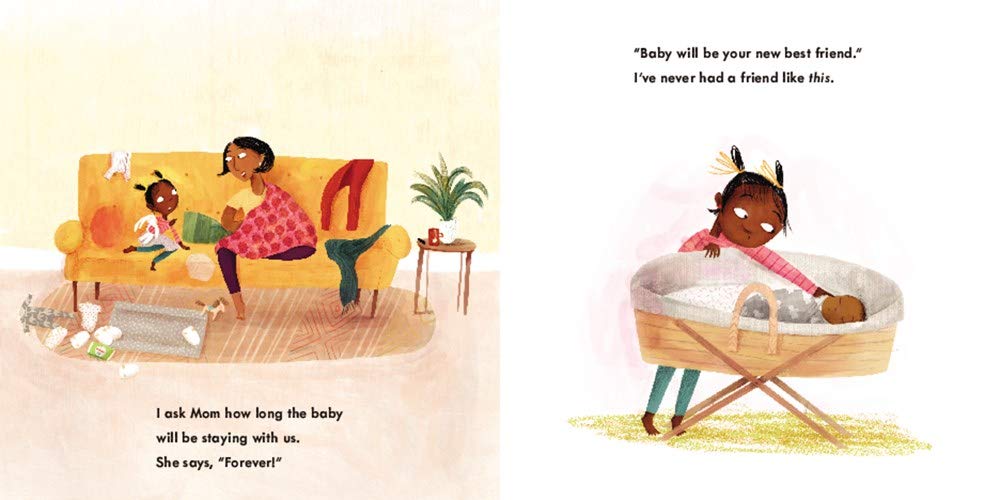 Illustration from It's Big Sister Time showing a big sister playing and caring for her baby sibling in a cozy home setting.