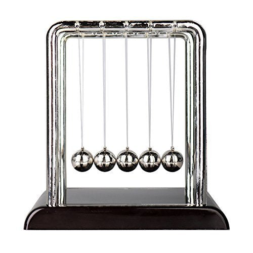 Newton's Cradle with polished steel balls demonstrating physics principles on a sleek desktop frame.