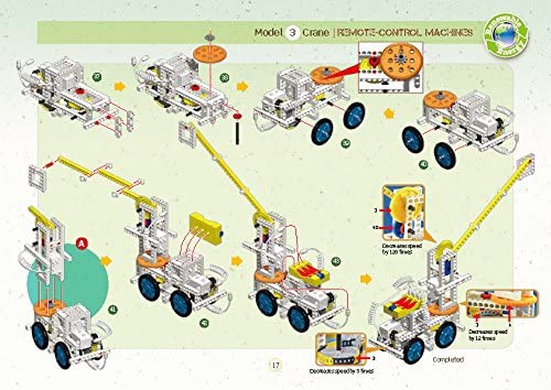 Remote Control Machines instructional diagram showing step-by-step assembly of a motorized crane vehicle with motors and wheels.