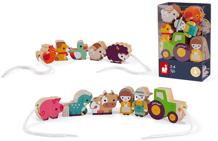 Lacing Farm Beads wooden animal and farm figurines with string for motor skills development, ages 2 and up.