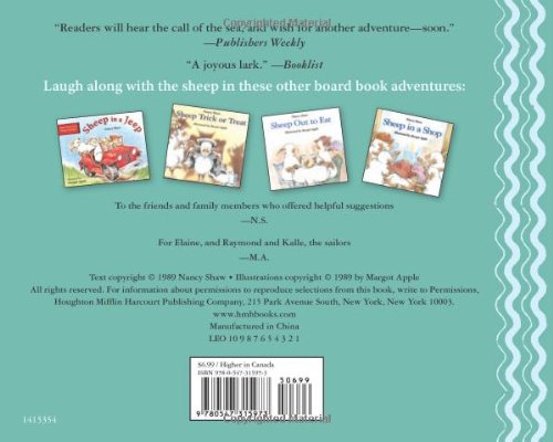 Sheep on a Ship book back cover showing other sheep board book adventures with a turquoise background and barcode.