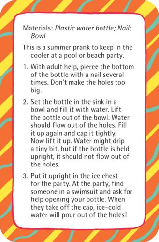 52 Cool Tricks for Kids Cards showing a summer prank with instructions using a plastic water bottle and nail.