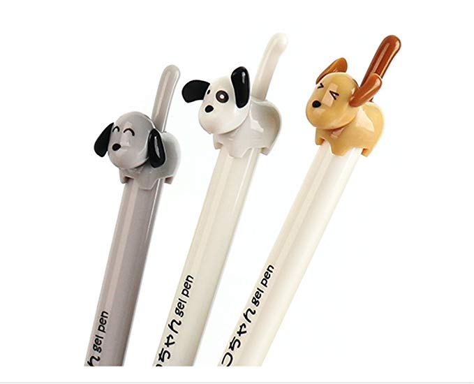 Dog Tail Gel Pen featuring retractable black gel ink and cute dog-shaped tail clips in assorted styles.