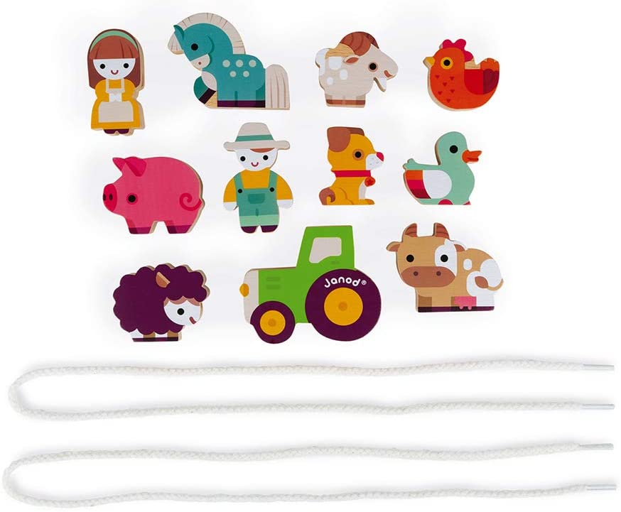 Lacing Farm Beads featuring colorful wooden farm animal figures and three white lacing strings for kids ages 2 and up.