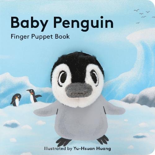 Baby Penguin with Finger Puppet featuring a cozy plush penguin puppet on a snowy blue board book cover.