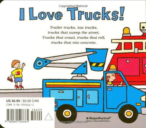 I Love Trucks book cover showing colorful trucks and a child, featuring various trucks like tow and trailer trucks for kids ages 2-5.