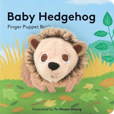 Baby Hedgehog with Finger Puppet showing a soft hedgehog puppet attached to a colorful baby board book cover.