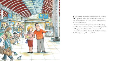 Paddington book illustration showing Mr. and Mrs. Brown at a busy train station with colorful arches and platforms.