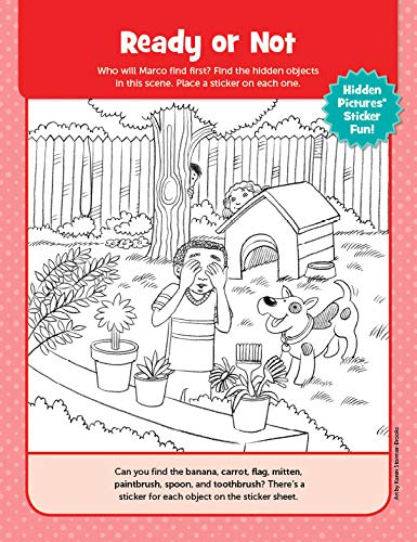 Jumbo Pad of My First Puzzles showing a hidden objects puzzle with a boy, dog, and backyard scene for young children.