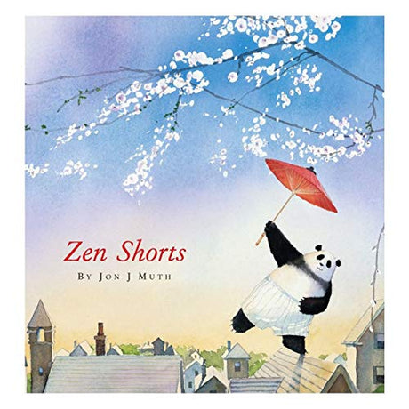 Zen Shorts book cover showing a panda holding a red umbrella under blossoming branches, with a soft sky background.