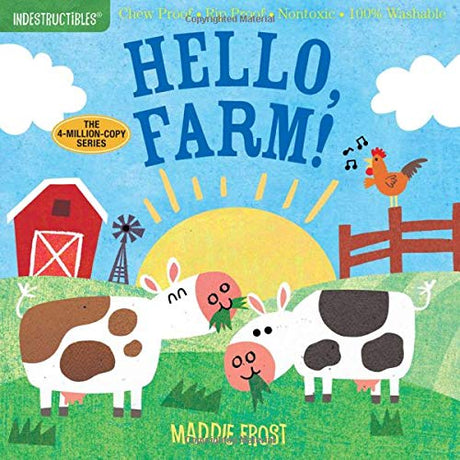 Indestructibles: Hello, Farm! children's book cover showing playful farm animals and a sunny farm scene.