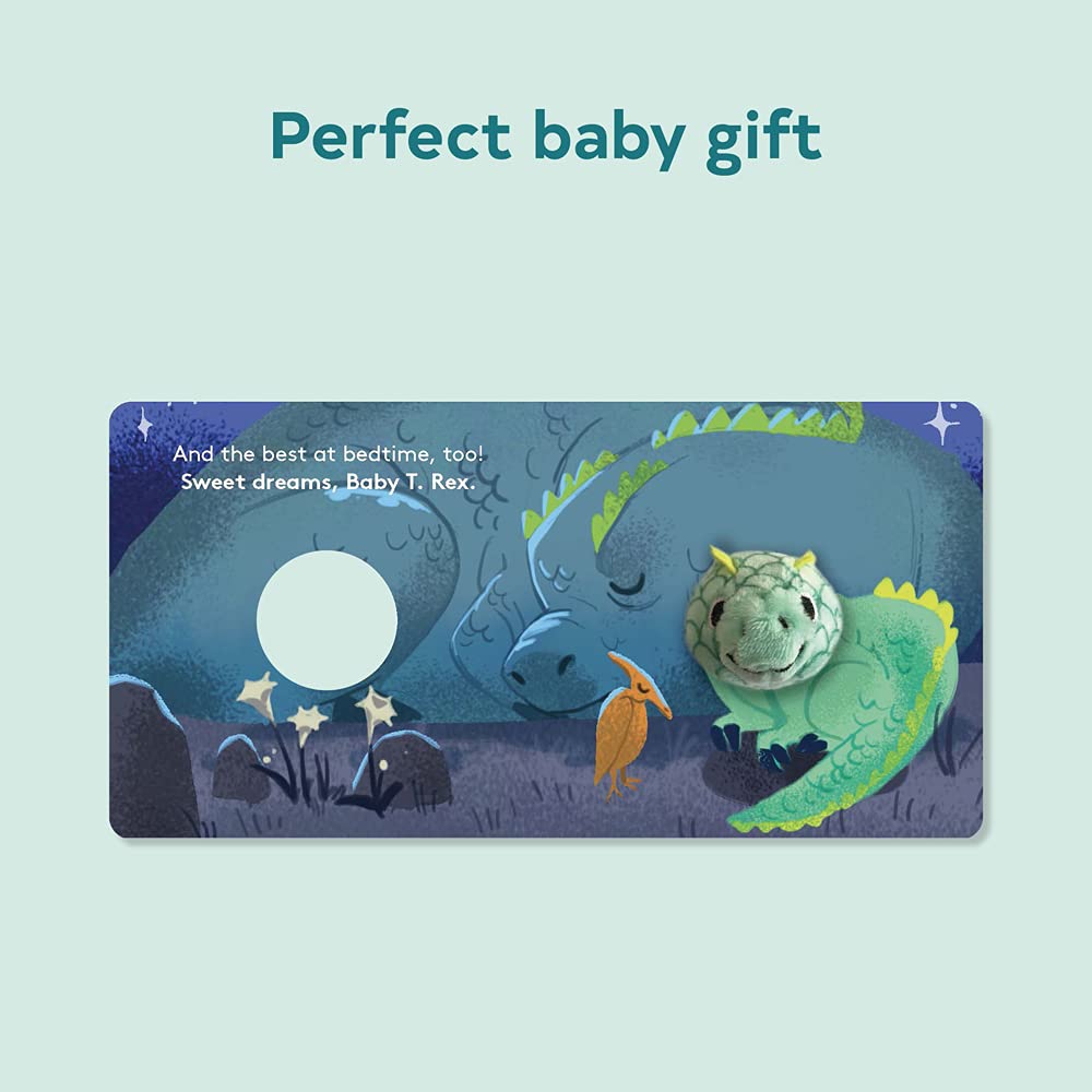 Baby T Rex with Finger Puppet showing plush puppet and illustrated bedtime scene for toddlers and babies.