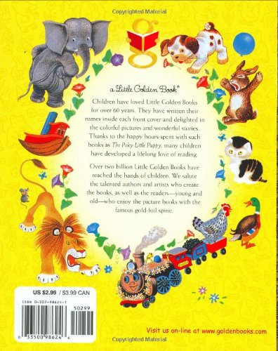 Back cover of Little Golden Book: Good Night Little Bear featuring colorful animals and a train illustration.