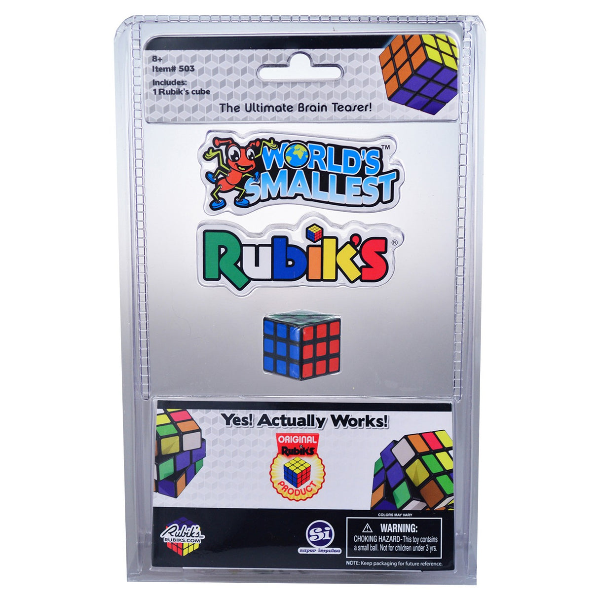 World's Smallest Rubiks puzzle in original packaging, a compact brain teaser cube for ages 8 and up.