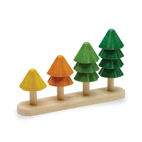 Sort & Count Tree with colorful wooden stacking pieces in yellow, orange, and green to practice counting and sorting.