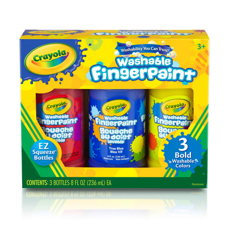 Crayola Washable Fingerpaint set with red, blue, and yellow squeeze bottles for easy clean-up and fun finger painting.