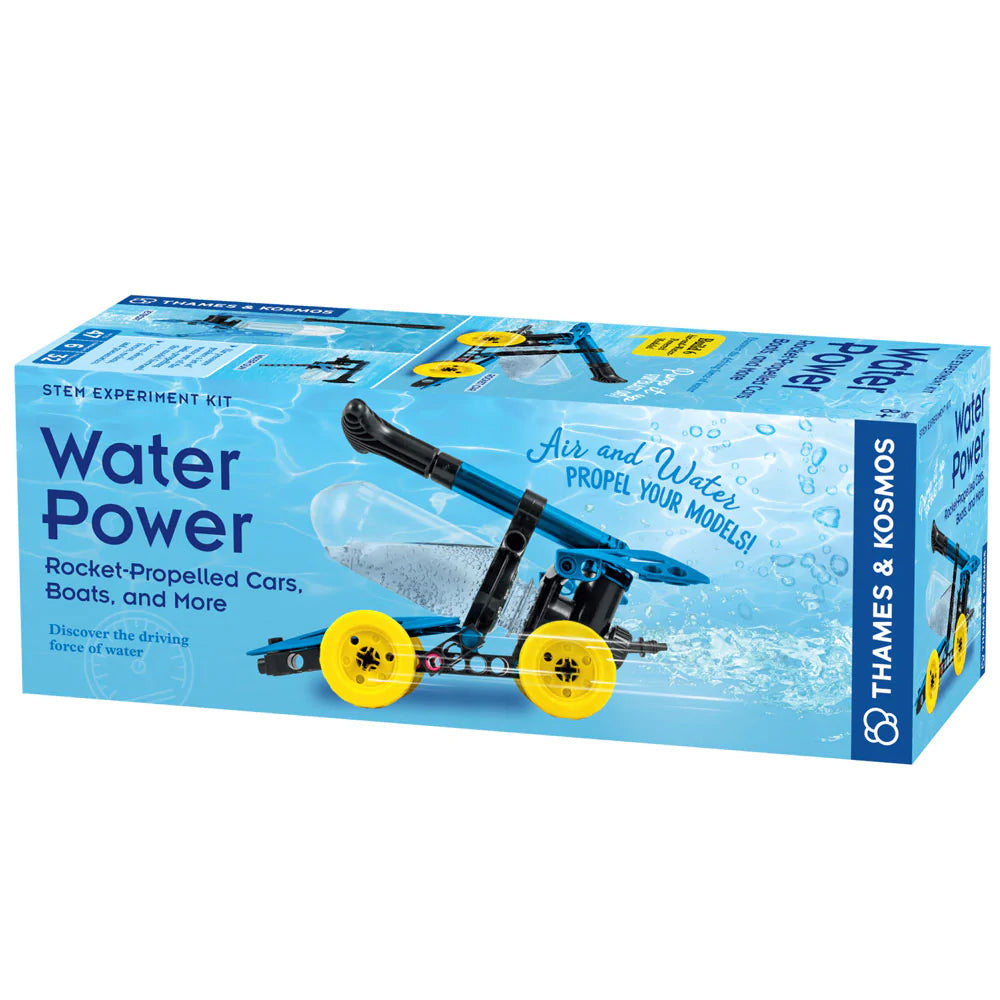 Water Power STEM kit with rocket-propelled car model demonstrating air and water propulsion physics experiments.