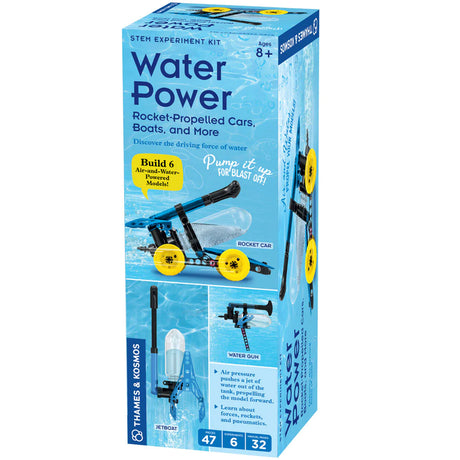 Water Power STEM kit box showing rocket-propelled cars, boats, and water gun models for kids ages 8 and up.