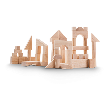 Wooden Blocks set arranged in various shapes, featuring 50 natural wood pieces for creative building and learning.