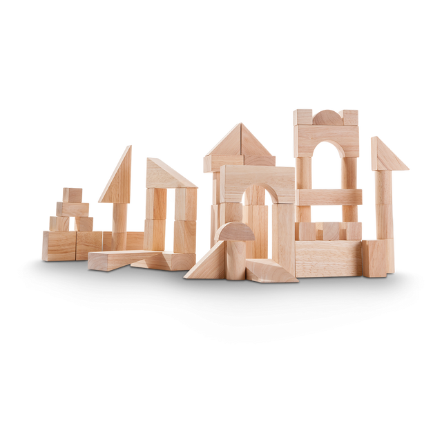 Wooden Blocks set arranged in various shapes, featuring 50 natural wood pieces for creative building and learning.