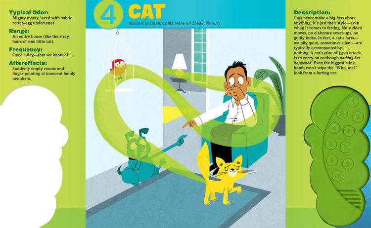 Farts in the Wild! page showing a cartoon cat’s stinky gas affecting a man and dogs in a humorous scene.