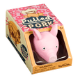 Pulled Pork 3.5" sand-filled stretchy pig toy in packaging, suitable for ages 3 and up, fun sensory play item.