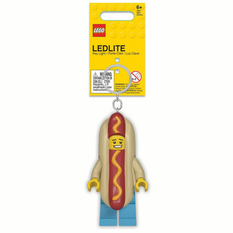Lego KeyLight Hot Dog Man LED key chain flashlight with poseable arms and legs and metal key ring.