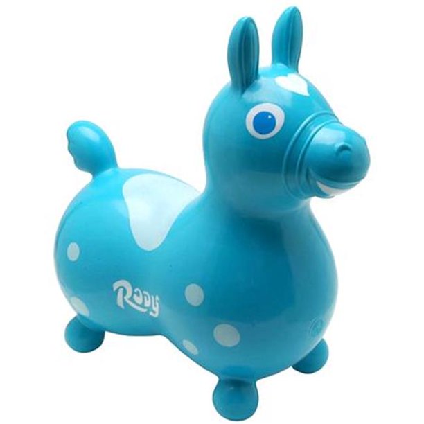 Rody | Teal inflatable ride-on horse toy for kids, made from durable, soft, latex-free vinyl for indoor and smooth outdoor play.