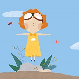 Illustration from Little People, Big Dreams: Amelia Earhart showing a child with aviation goggles and butterflies flying around.
