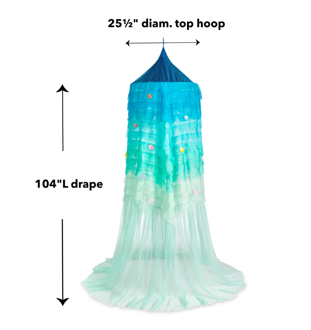 Light-Up Mermaid Canopy with LED lights and fabric shells in oceanic blues measuring 25.5" top diameter, 104" length drape.