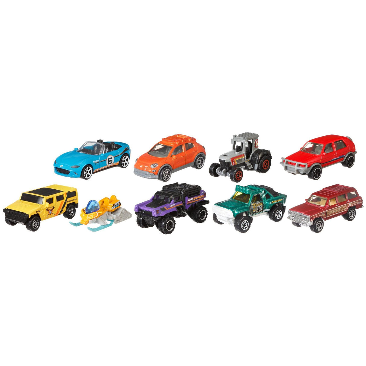 Matchbox Cars 9pk featuring nine colorful metal vehicles including cars, trucks, and a tractor for kids ages 3 and up.