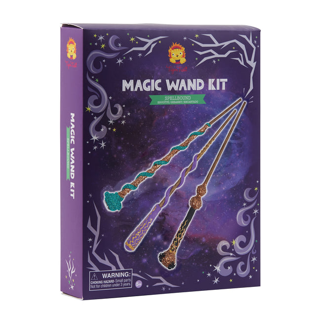 Magic Wand Kit | Spellbound with three decorated wooden wands on a purple starry box for kids ages 5 and up.