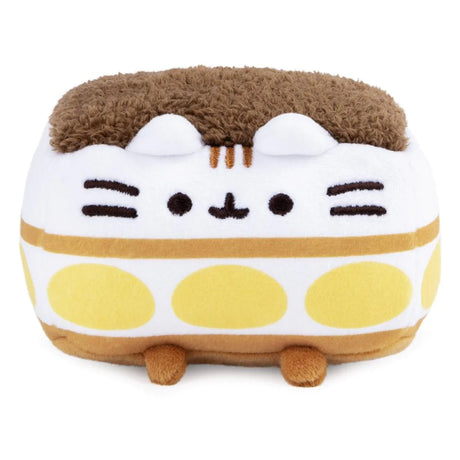 Pusheen Tiramisu plush featuring soft white and brown tiramisu design with signature smile, whiskers, and yellow ladyfingers.
