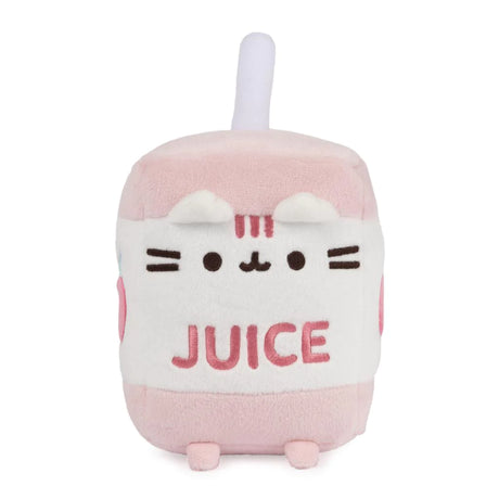 Pusheen Juice Box plush in soft pink and white with embroidered details and apple design, six inches tall.