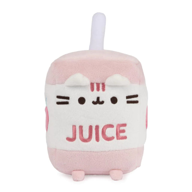 Pusheen Juice Box plush in soft pink and white with embroidered details and apple design, six inches tall.