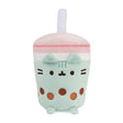 Pusheen Boba Tea plush in mint green with straw, pink lid, and embroidered tapioca pearls, smiling cat design.