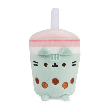 Pusheen Boba Tea plush in mint green with straw, pink lid, and embroidered tapioca pearls, smiling cat design.