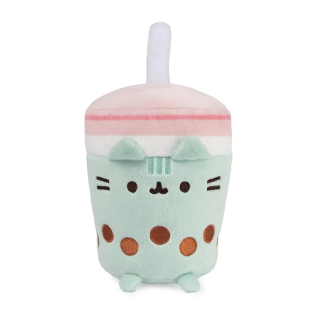 Pusheen Boba Tea plush in mint green with straw, pink lid, and embroidered tapioca pearls, smiling cat design.