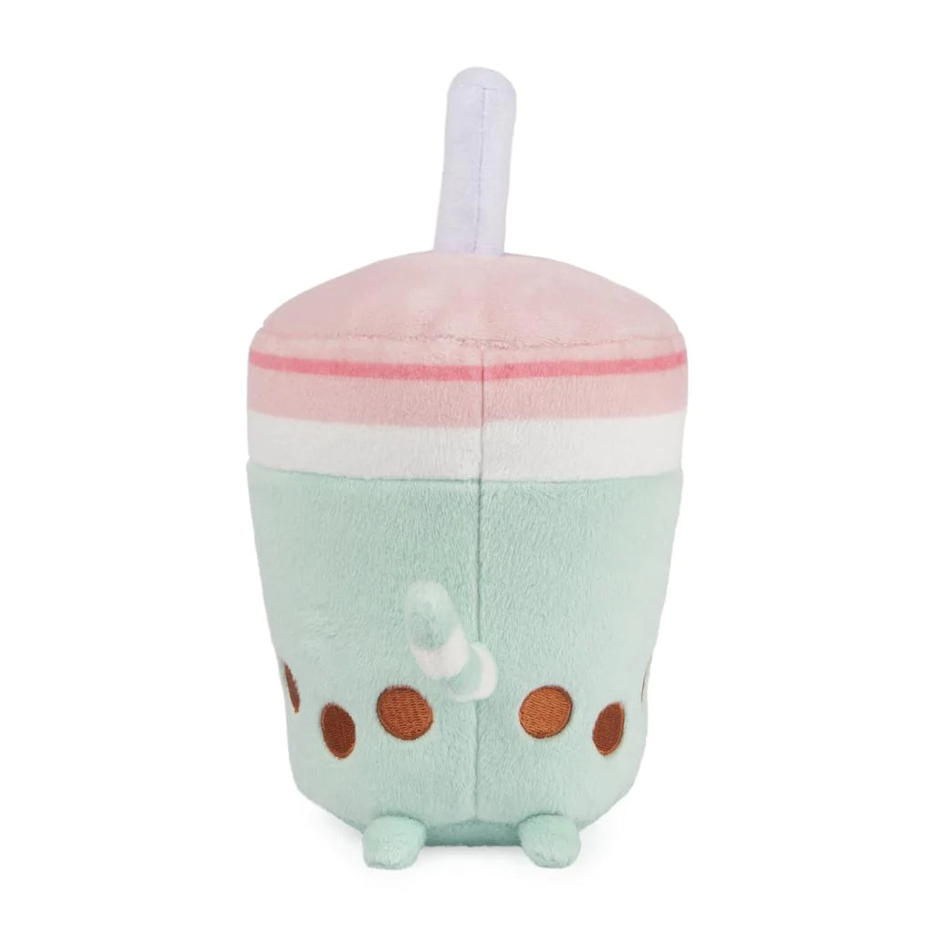 Pusheen Boba Tea plush in mint green with pink lid, straw, embroidered tapioca pearls, tail, and feet.