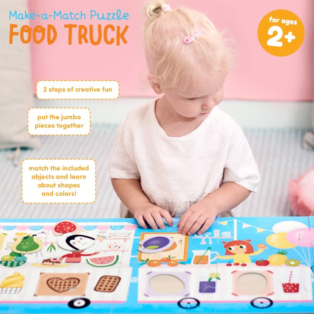 Child playing with the 23pc Food Truck Match Puzzle, assembling pieces and matching shapes and colors.