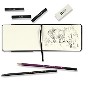 Watercolor Field Journal Pad open to a pencil sketch of trees, accompanied by pencils and an eraser on white surface.