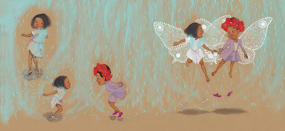Illustration from Julian at the Wedding showing two children playing and flying with magical fairy wings.