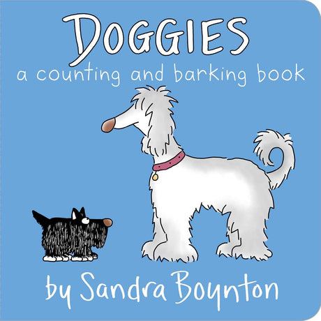 Doggies book cover features two cartoon dogs on blue background, a counting and barking children's book by Sandra Boynton.