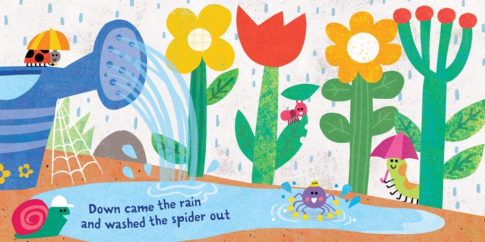 Indestructibles: Itsy Bitsy Spider showing rain watering colorful flowers with cheerful insects and kid-friendly text.