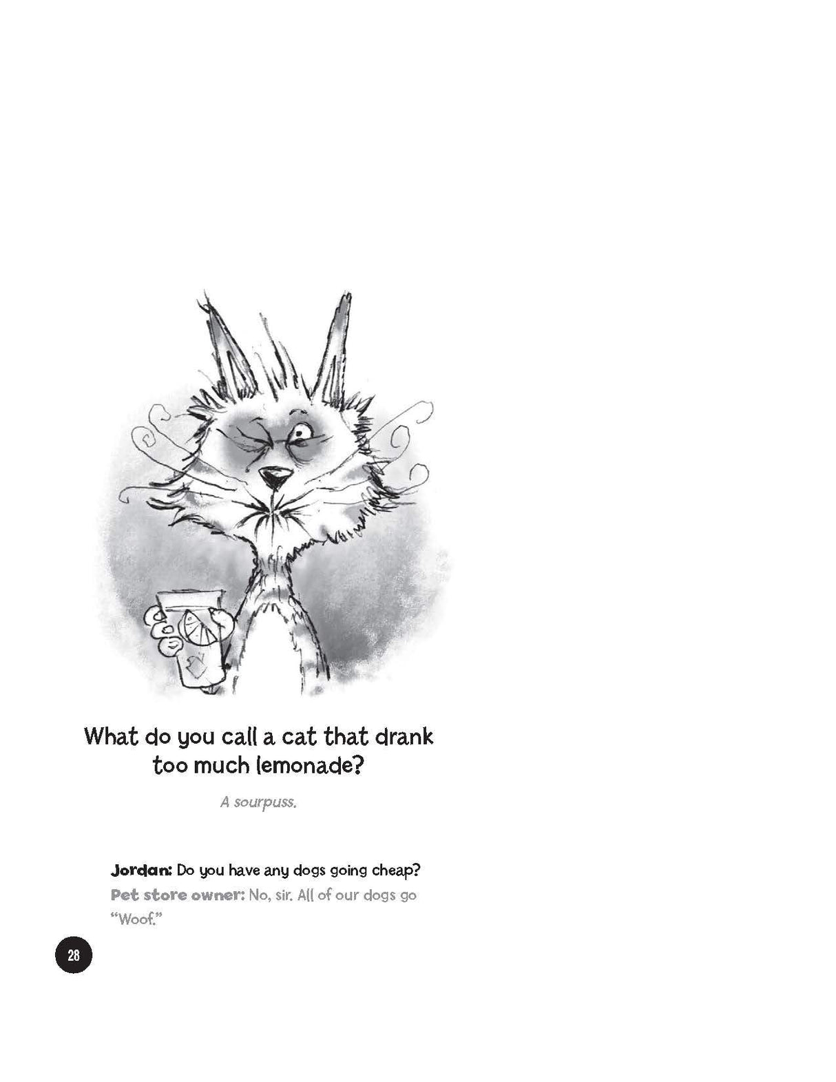 Highlights Laugh Attack! page with a funny cat joke and a cartoon illustration drinking lemonade.