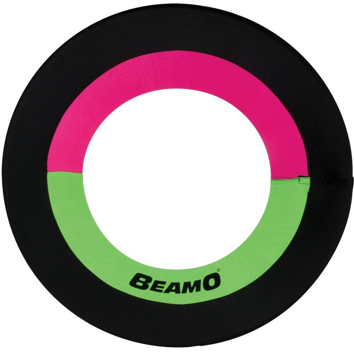Beamo Junior flying disk in black with pink and green sections, lightweight foam and lycra design with a 12-inch center hole.