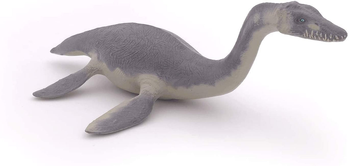 Plesiosaurus dinosaur toy in gray and white, perfect for imaginative Jurassic play for kids ages 5 and up.