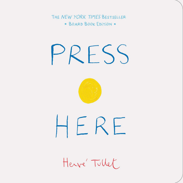 Press Here book cover showing title with blue text and a central yellow dot encouraging interactive play.