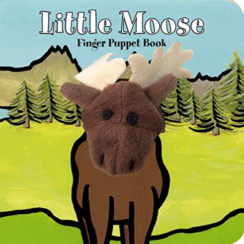 Little Moose Finger Puppet Board Book with a plush moose puppet and colorful mountain and forest background for toddlers.